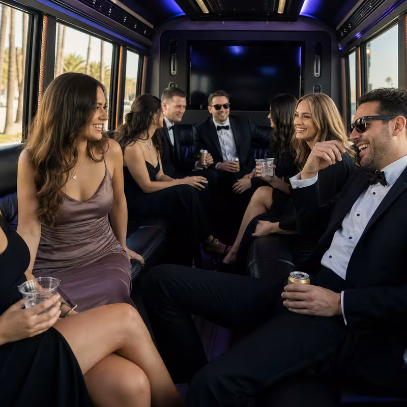 Wedding guests seated inside a Los Angeles party bus