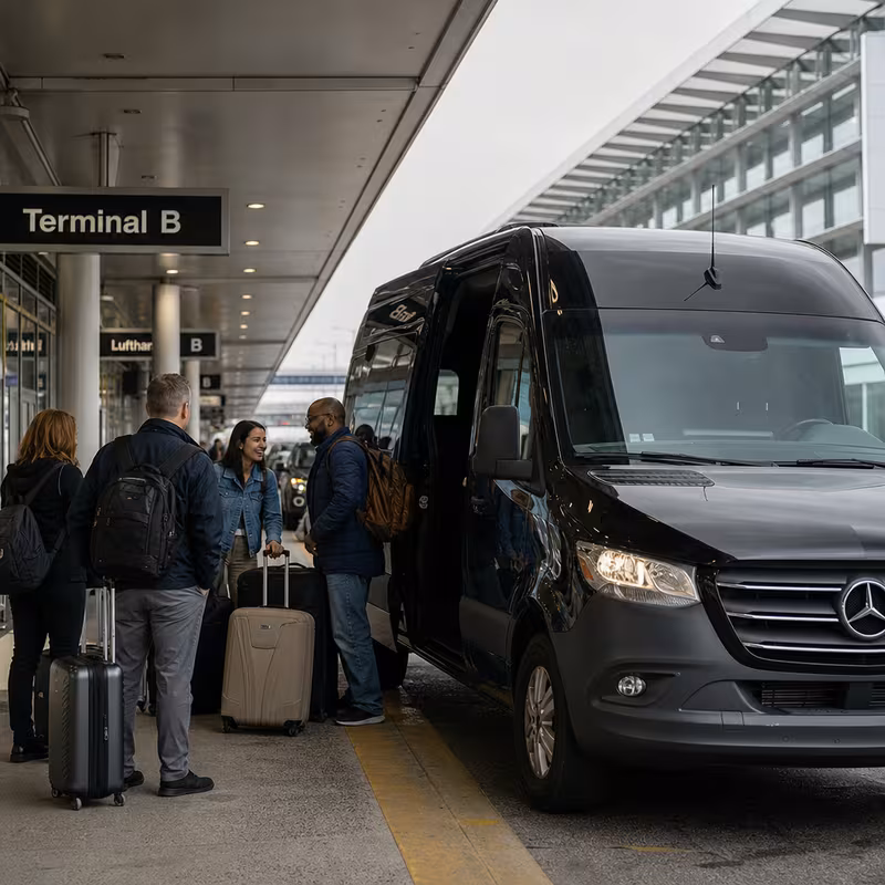 Group boarding a white charter bus for Airport Transportation transportation in Los Angeles