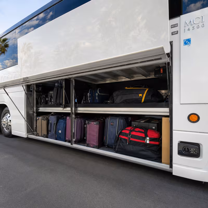 Party bus interior with wraparound leather seating and LED lighting in Los Angeles