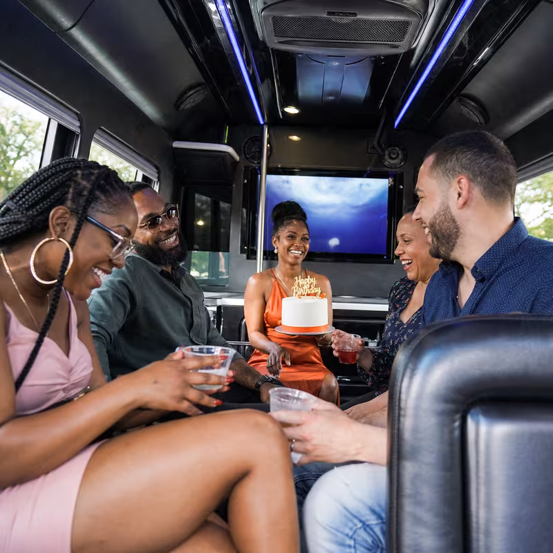 Black Mercedes Sprinter van staged for an Los Angeles Birthday Transportation group