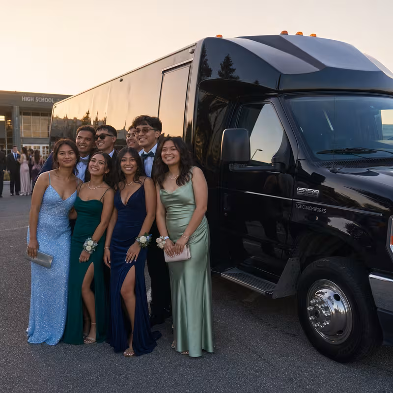Group boarding a white charter bus for Prom & Homecoming Transportation transportation in Los Angeles