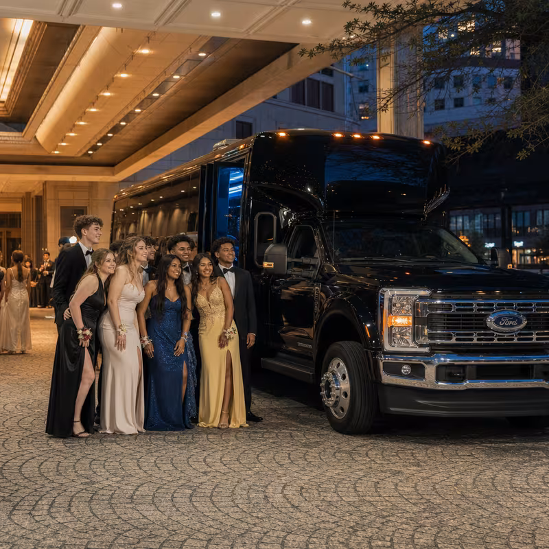 Party bus interior with wraparound leather seating and LED lighting in Los Angeles
