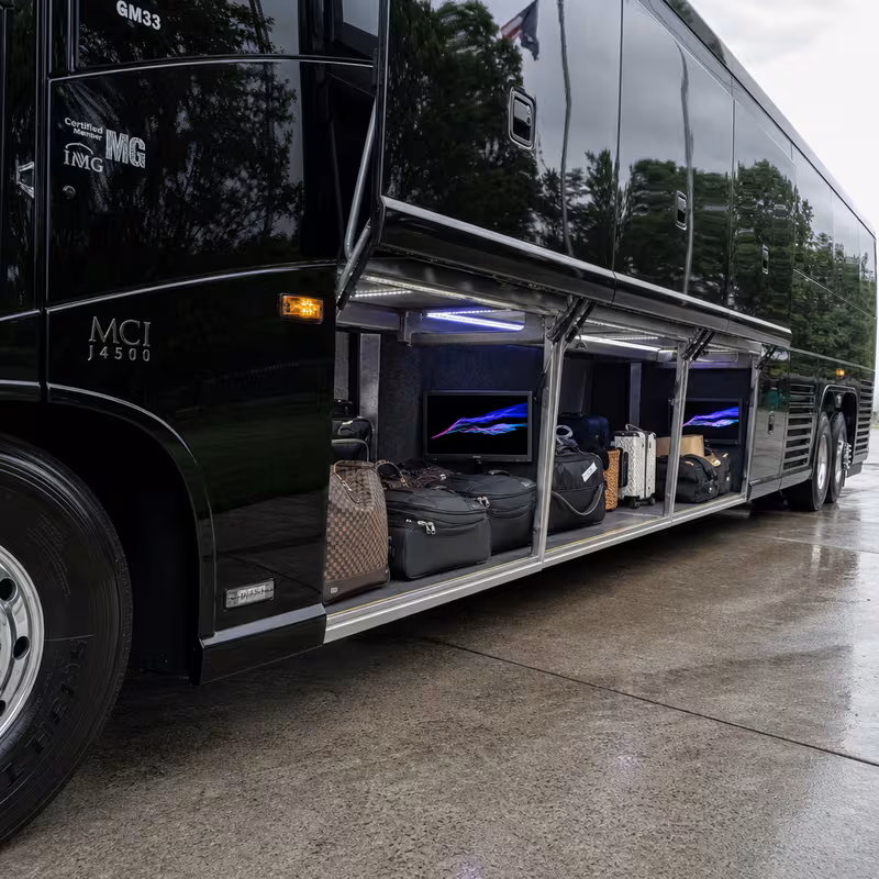 Party bus interior with wraparound leather seating and LED lighting in Los Angeles