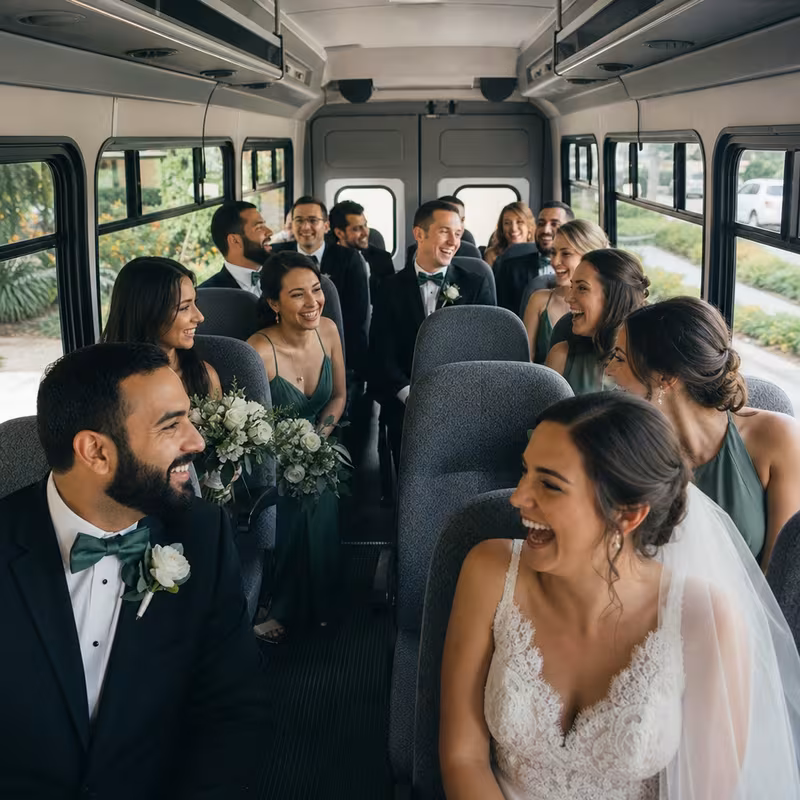 Group boarding a white charter bus for Wedding Transportation transportation in Los Angeles