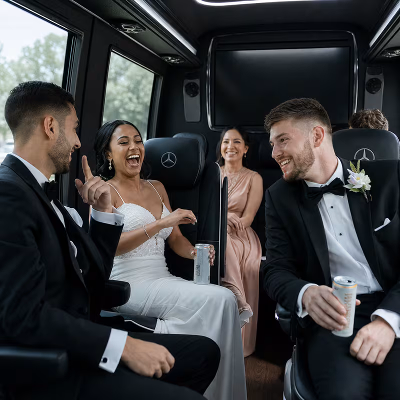 Black Mercedes Sprinter van staged for an Los Angeles Wedding Transportation group